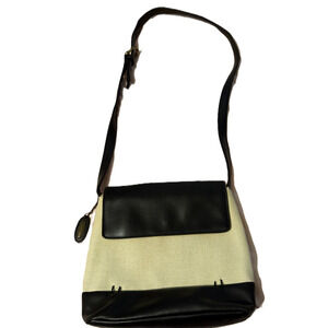Liz Claiborne Purse Black Ivory Canvas Faux Leather Shoulder Bag Crossbody Chic